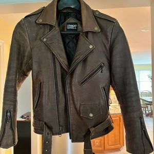 Straight to Hell Apparel size 36 brown leather moto jacket.